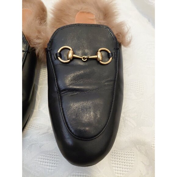 Gucci Princetown Shearling-Lined Mules Black Leather Gold Horsebit Size 37 - Picture 2 of 7